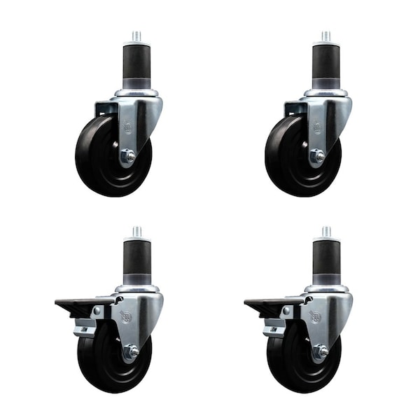 4'' Hard Rubber Wheel Swivel 1-5/8'' Expand Stem Caster Set 2 Brakes, 4PK